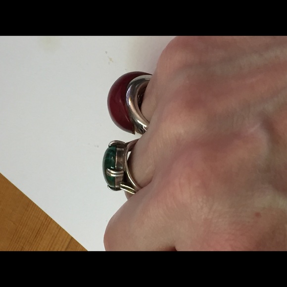Vintage 925 Sterling silver rings, Wood resin & malachite - Picture 2 of 8